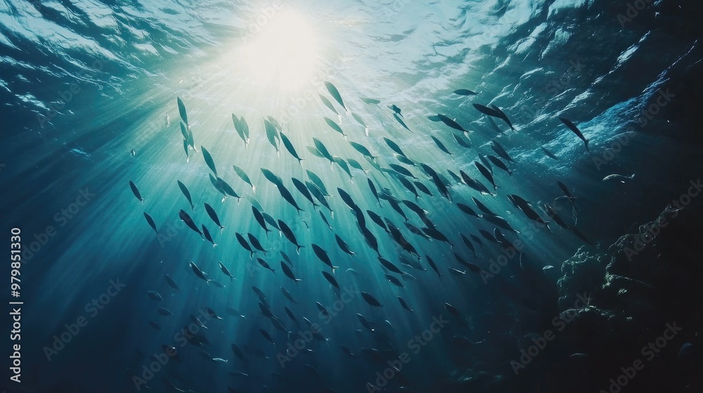 Naklejka premium A school of fish swimming in perfect harmony, creating mesmerizing patterns beneath the surface of the sea