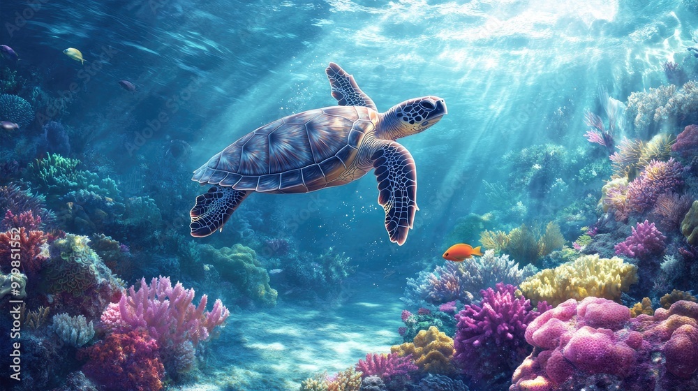 Fototapeta premium A sea turtle swimming gracefully in shallow waters above a vibrant coral reef, bathed in soft sunlight from above