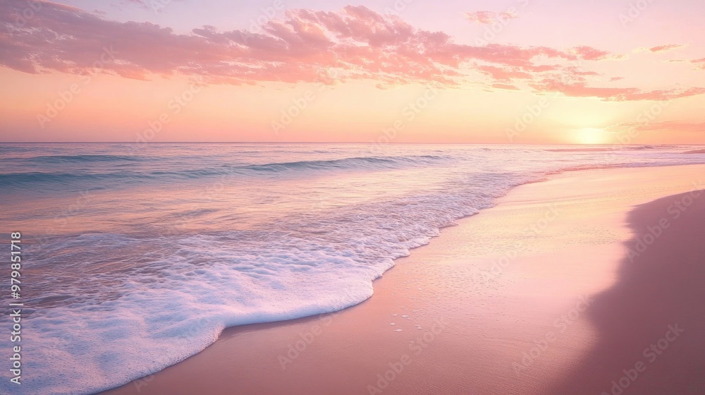 A serene beach at sunrise with calm waves gently lapping the shore, pink and orange hues filling the sky A serene beach at sunrise with calm waves gently lapping the shore, pink and orange hues filling the sky