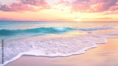 A serene beach at sunrise with calm waves gently lapping the shore, pink and orange hues filling the sky