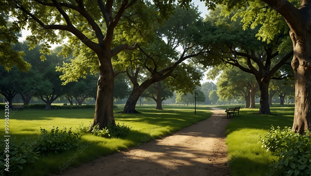 Serene park scene under lush green branches, perfect for nature-themed wallpaper. Serene park scene under lush green branches, perfect for nature-themed wallpaper.