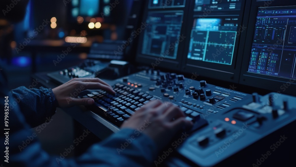 A person typing on a keyboard in a control room, close-up shot of hands and desk with computer screens in the background, dark blue color theme Generative AI A person typing on a keyboard in a control room, close-up shot of hands and desk with computer screens in the background, dark blue color theme Generative AI