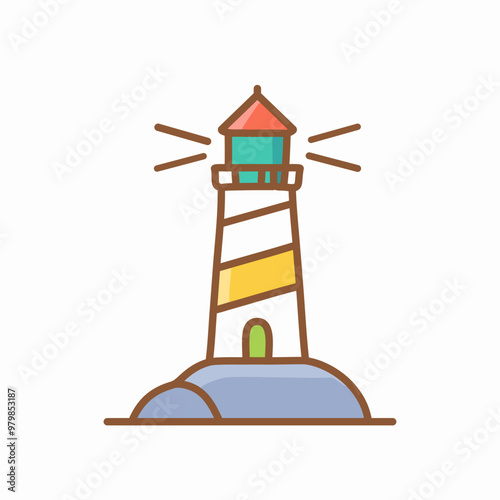 Colorful lighthouse on a rock icon vector art illustration design. Icon concept design.