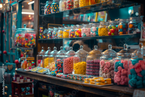 A vintage candy shop with colorful jars of sweets