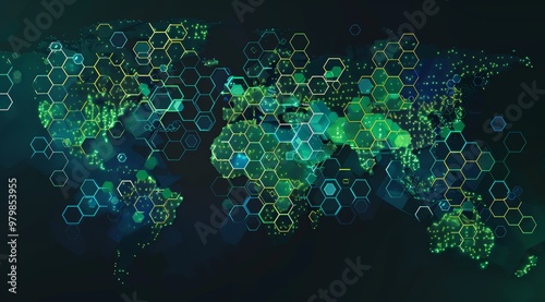 Wallpaper Mural A digital world map made of hexagons, with green and blue tones representing different countries, against a black background. The image is in vector format with flat colors, showcasing the global natu Torontodigital.ca