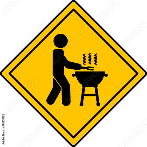 Yellow Sign BBQ Zone. Warning Road Sign. Grilling Meat Allowed. Man Cooking Food. Outdoor Picnic. Vector Icon