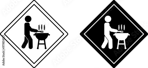 Signs BBQ Zone. Warning Road Signs. Grilling Meat Allowed. Man Cooking Food. Outdoor Picnic. Black And White Vector Icons