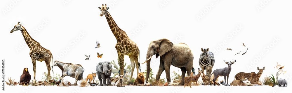 A diverse group of animals, including an elephant and giraffe standing tall in the center, with other smaller wildlife around them on a white background A diverse group of animals, including an elephant and giraffe standing tall in the center, with other smaller wildlife around them on a white background