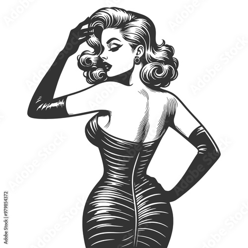 glamorous pin-up woman in a form-fitting dress and long gloves, seductive vibe. sketch engraving generative ai fictional character vector illustration. Scratch board imitation. Black and white image.