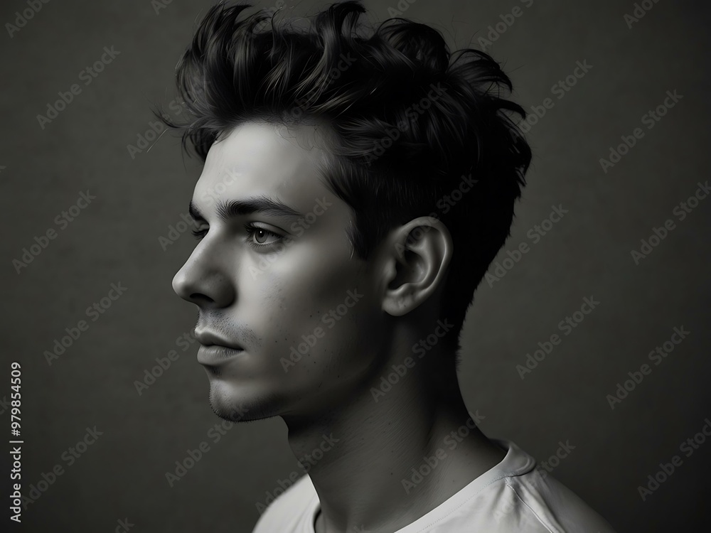 Silhouette of a young man with stylish hair in black and white against a grey backdrop. Silhouette of a young man with stylish hair in black and white against a grey backdrop.