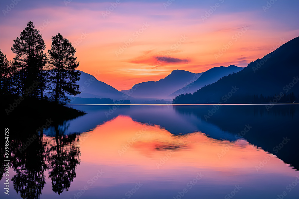 Fototapeta premium Peaceful sunset over a calm lake with reflections of trees and mountains