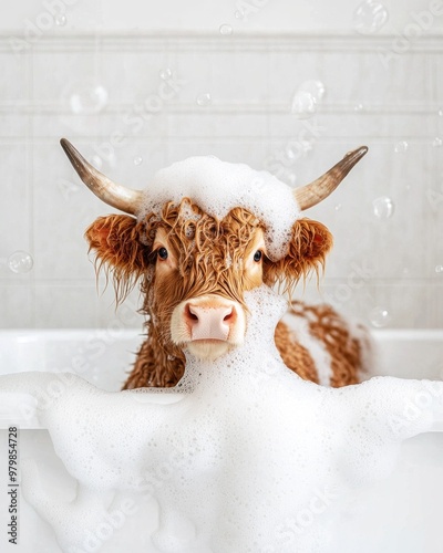 Cute highland cow taking a bubble bath in a white tub photo