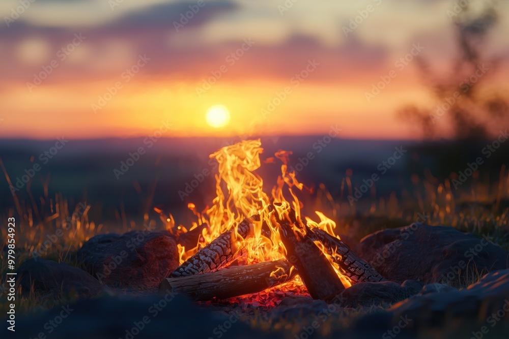 Fototapeta premium Cozy campfire with glowing flames at sunset in nature