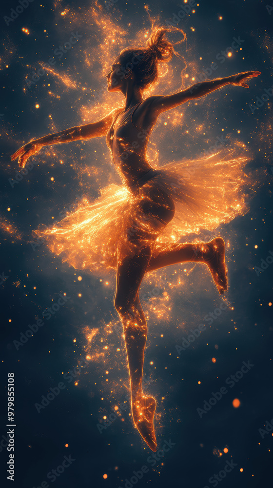 Naklejka premium A graceful ballerina dances in a cosmic scene filled with shimmering light and ethereal colors