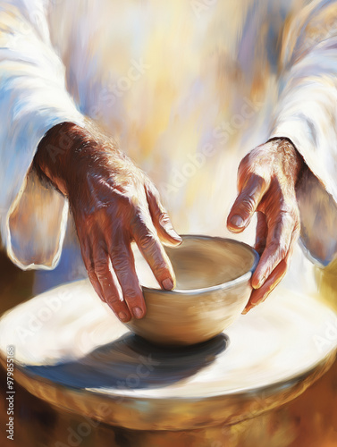 An illustration of God shaping human life. Pottery maker or artist molding a clay at a factory, workshop studio or art class.