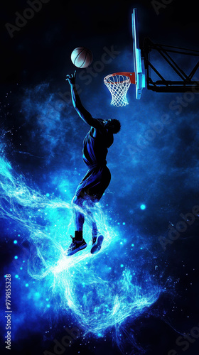 A player performs a dynamic slam dunk under dramatic lighting during a nighttime basketball matchup
