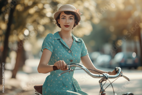 A woman in a 1950s dress riding a bicycle photo