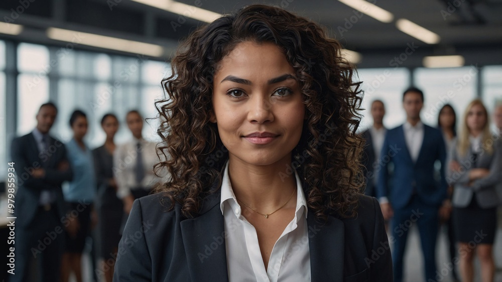 portrait of a black business woman standing in office and face to camera mild aged and smile face with self confident, background blur and office members in background, woman curly hair. portrait of a black business woman standing in office and face to camera mild aged and smile face with self confident, background blur and office members in background, woman curly hair.