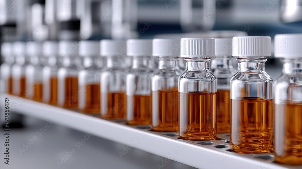 A close-up view of vials containing amber liquid, arranged neatly on a laboratory shelf, showcasing modern pharmaceutical research. A close-up view of vials containing amber liquid, arranged neatly on a laboratory shelf, showcasing modern pharmaceutical research.