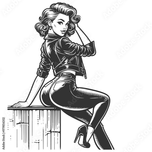 pin-up woman in a leather jacket and high heels, confident pose, retro charm with a modern edgy look sketch engraving generative ai vector illustration. Scratch board imitation. Black and white image.