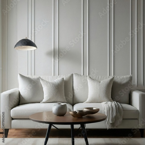 Modern minimalist living room interior with white sofa and elegant coffee table