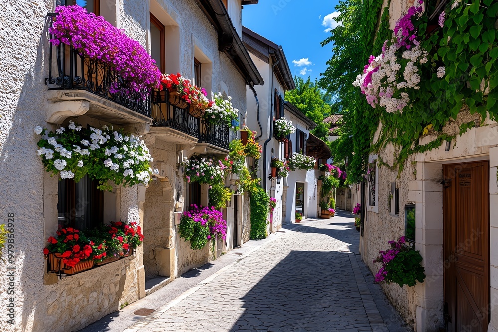 Fototapeta premium A quaint European street, with old buildings, balconies, and flower boxes lining the windows