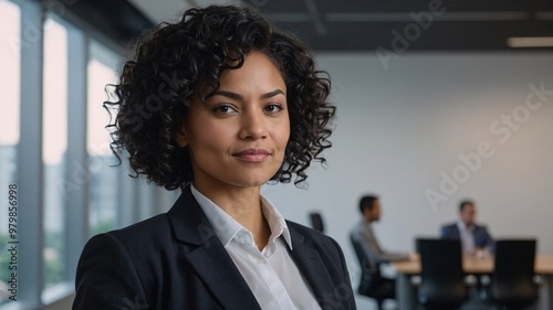 Happy middle aged businesswoman standing in office arms crossed. Smiling mature confident professional executive manager, proud lawyer, businessman leader wearing processional office suit, photo