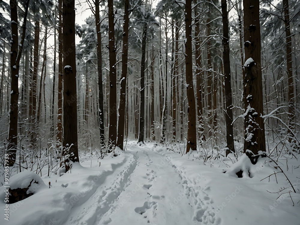 Snowy forest trail with black-and-white scenery. Snowy forest trail with black-and-white scenery.