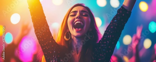 Passionate Leo woman at a concert, capturing her vibrant and charismatic personality