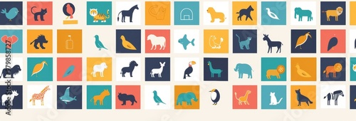 A grid of squares, each containing an animal icon in different colors and sizes, arranged neatly on a white background. The animals include various domestic and wild creatures such as dogs, cats, bird