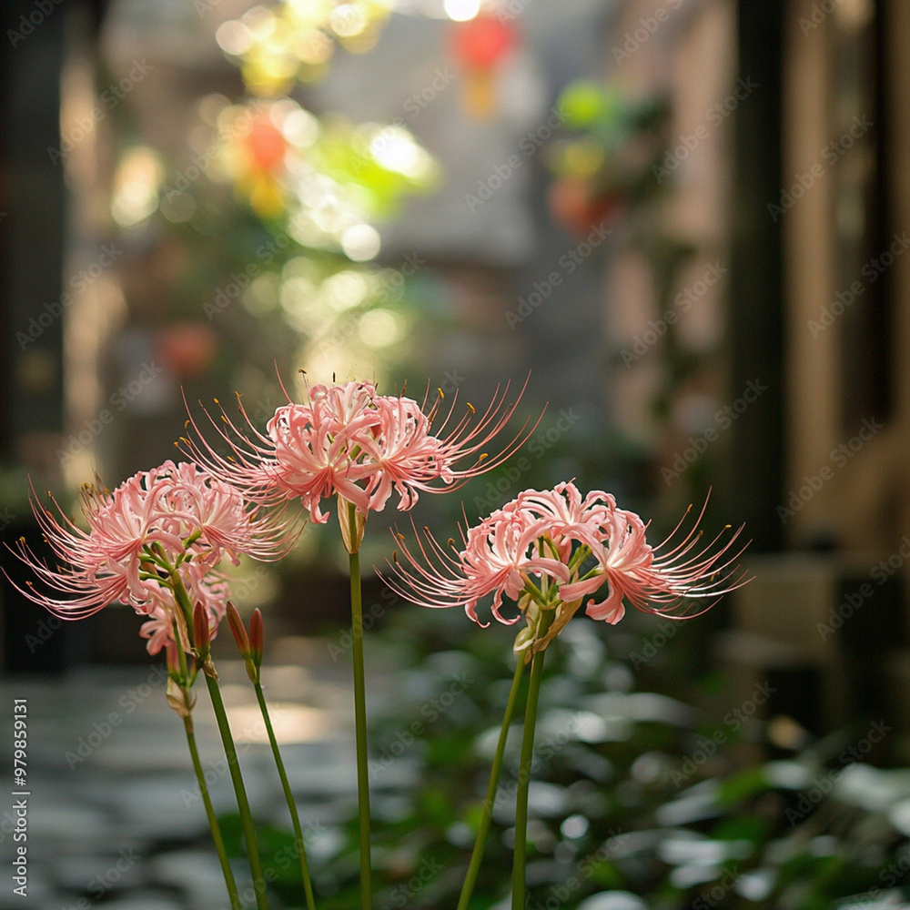 Pink spider lilies bloom gracefully in serene garden setting, surrounded by lush greenery and soft light. Pink spider lilies bloom gracefully in serene garden setting, surrounded by lush greenery and soft light.