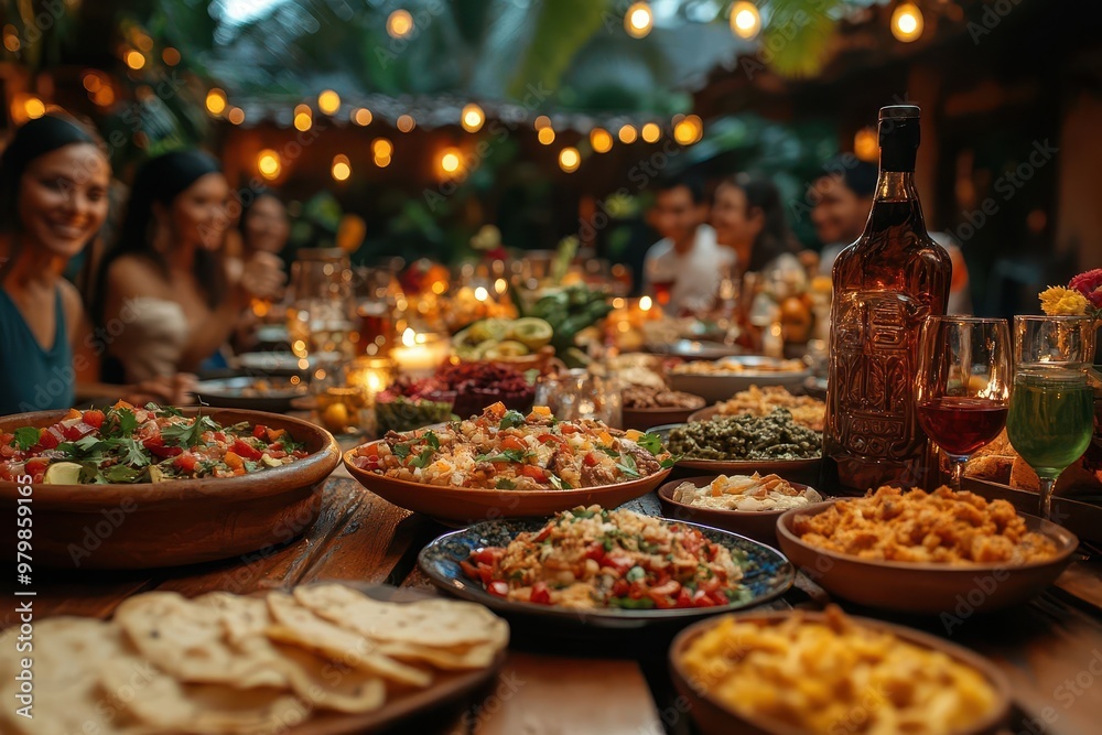Fototapeta premium festive mexican family gathering around vibrant table traditional dishes and decorations warm lighting enhancing convivial atmosphere