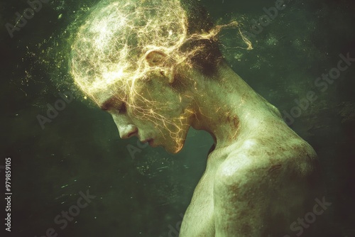 Abstract depiction of a human figure with brain matter transforming into tree roots symbolizing growth connection to nature and the deep rooted evolution of knowledge and consciousness photo