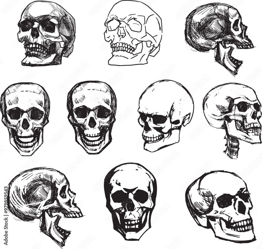 Fototapeta premium Death symbol silhouette black and white graphic clip art Halloween Design Drawing Zombie Skeleton Skull grave set human skulls contour engraving Witch item black and white isolated icon gray stain