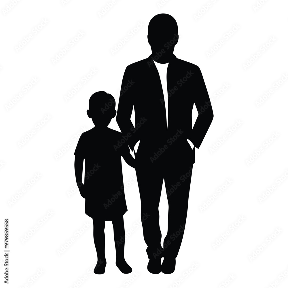 Silhouette of Father and child walking holding hands side by side Silhouette of Father and child walking holding hands side by side