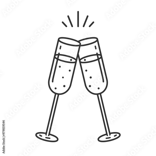 Champagne icon.Creative two sparkling wine glasses icon for greeting card,postcard,invitation,menu design.New Years,Christmas Celebration,Party symbol.Transparent background.Vector illustration EPS10