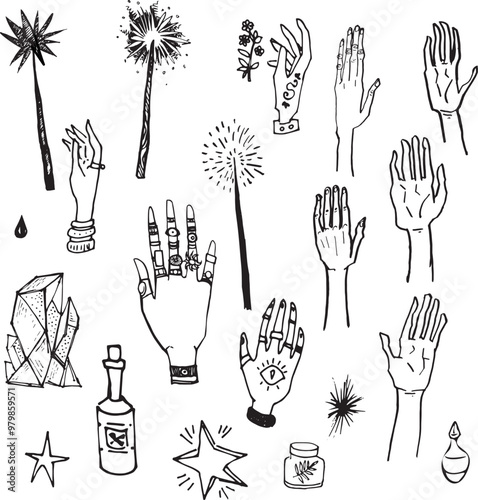 Cartoon hand line drawing Witch magic item Halloween clip art wand icon symbol hand jewelry, rings crystal silhouette fortune teller minimalist illustration design element potion bottle star symbol