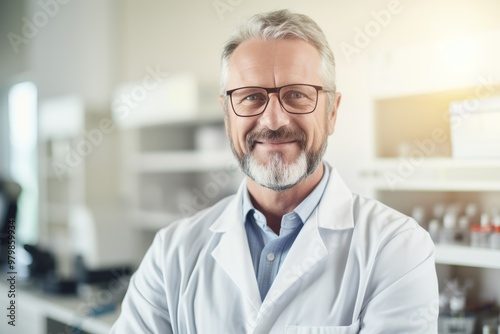 A middle-aged scientist stands confidently in a laboratory wearing a white lab coat and glasses, smiling warmly while surrounded by scientific equipment and shelves