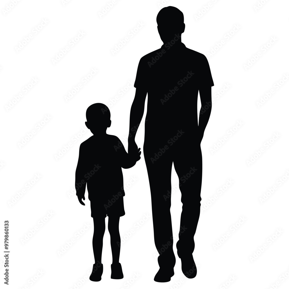 Silhouette of Father and child walking holding hands side by side Silhouette of Father and child walking holding hands side by side