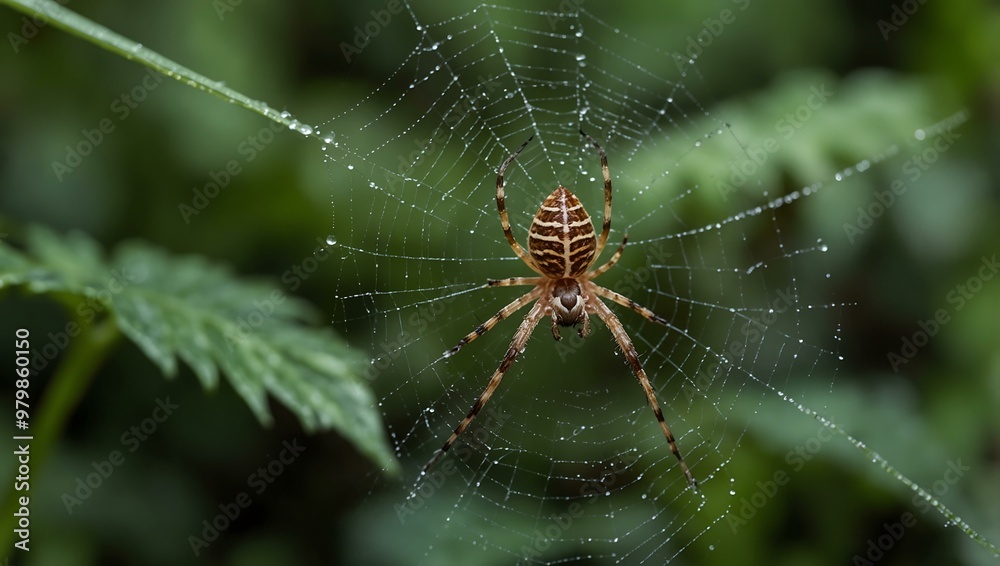 Spider woven into green leaves as the backdrop. Spider woven into green leaves as the backdrop.