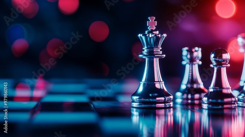 A close-up of silver chess pieces on a board illuminated with neon lights, symbolizing strategic thinking, leadership, competition, and the pursuit of victory. The image evokes a sense of power, strat