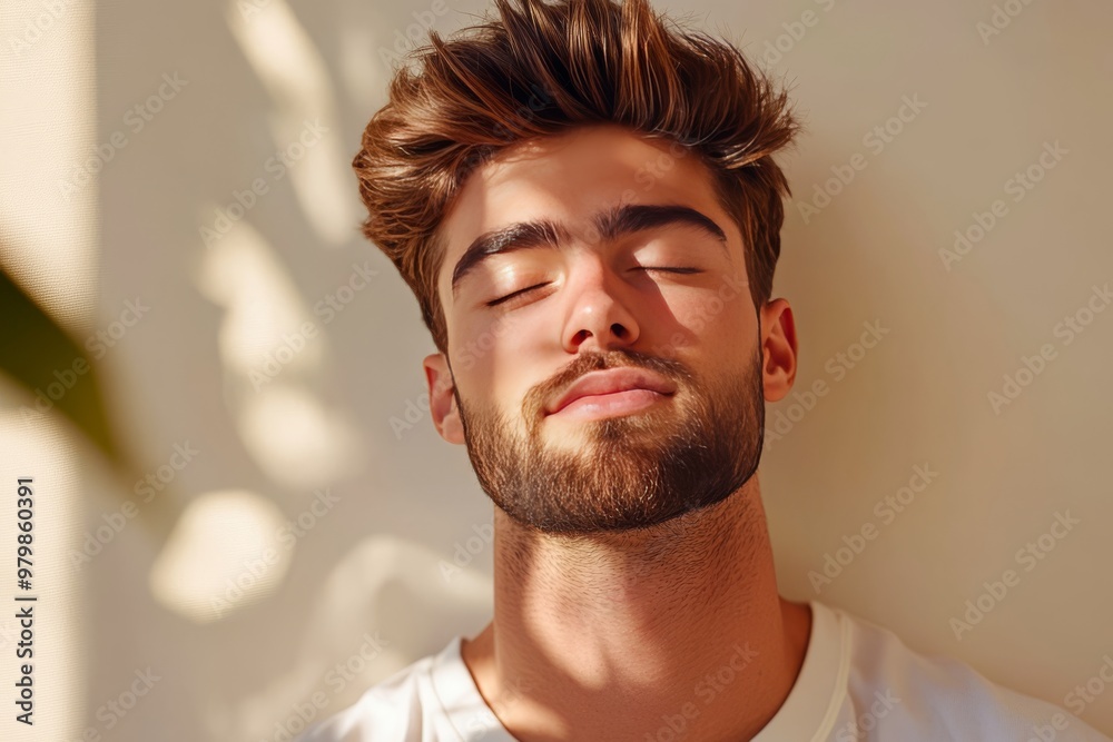 Obraz premium Young man with eyes closed basking in warm light symbolizing inner peace mindfulness and the radiant flow of mental energy in a moment of tranquility and personal reflection