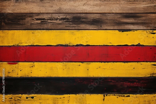 Rustic wooden background with planks with bold black, red, and yellow stripes. With space for text