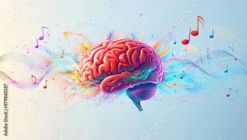 Human brain with vibrant melody wave and music notes, self care and mental health concept, positive thinking, creative mind