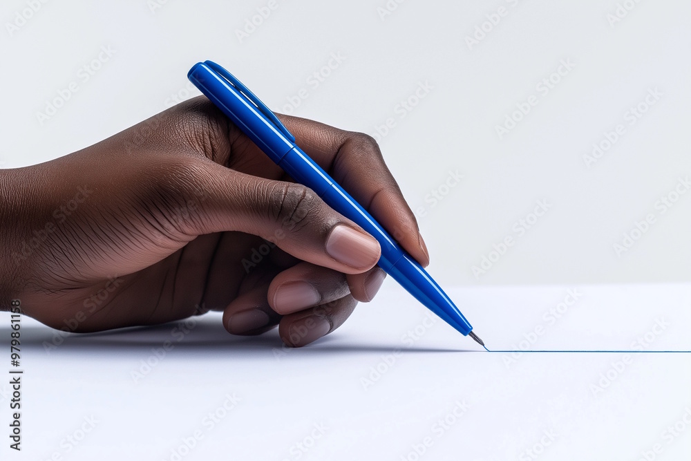 African hand with dark skin holding a blue pen drawing a line on white paper, symbolizing writing, creativity, or decision-making. This image represents the concept of voting or legal documents African hand with dark skin holding a blue pen drawing a line on white paper, symbolizing writing, creativity, or decision-making. This image represents the concept of voting or legal documents