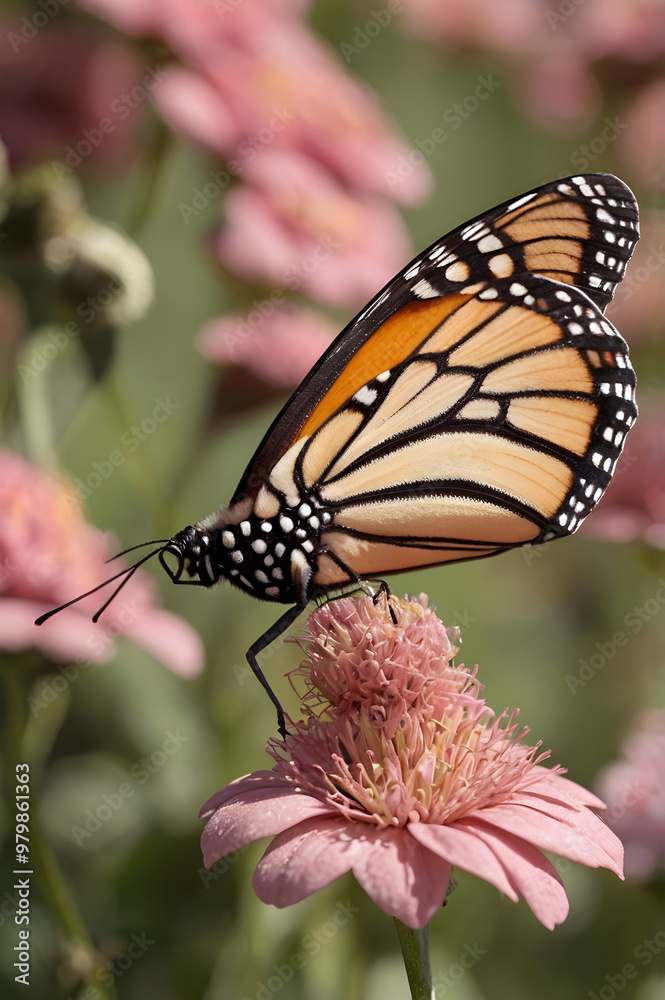 Obraz premium Magnified Close-Up of Monarch Butterfly on a Flower, Captured in Exquisite Detail
