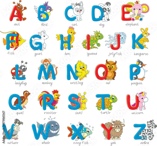 English alphabet and dropped capitals with funny toy animals, a set of vector cartoon illustrations on a white background