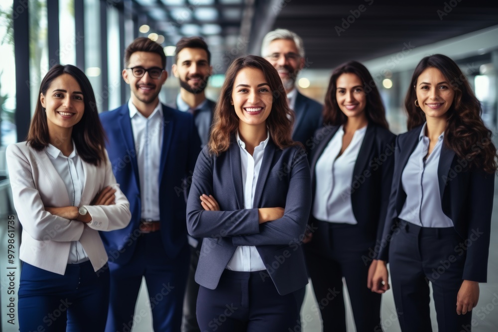 A group of seven professionals in business attire stands confidently in a contemporary office space, smiling and showcasing teamwork and collaboration A group of seven professionals in business attire stands confidently in a contemporary office space, smiling and showcasing teamwork and collaboration
