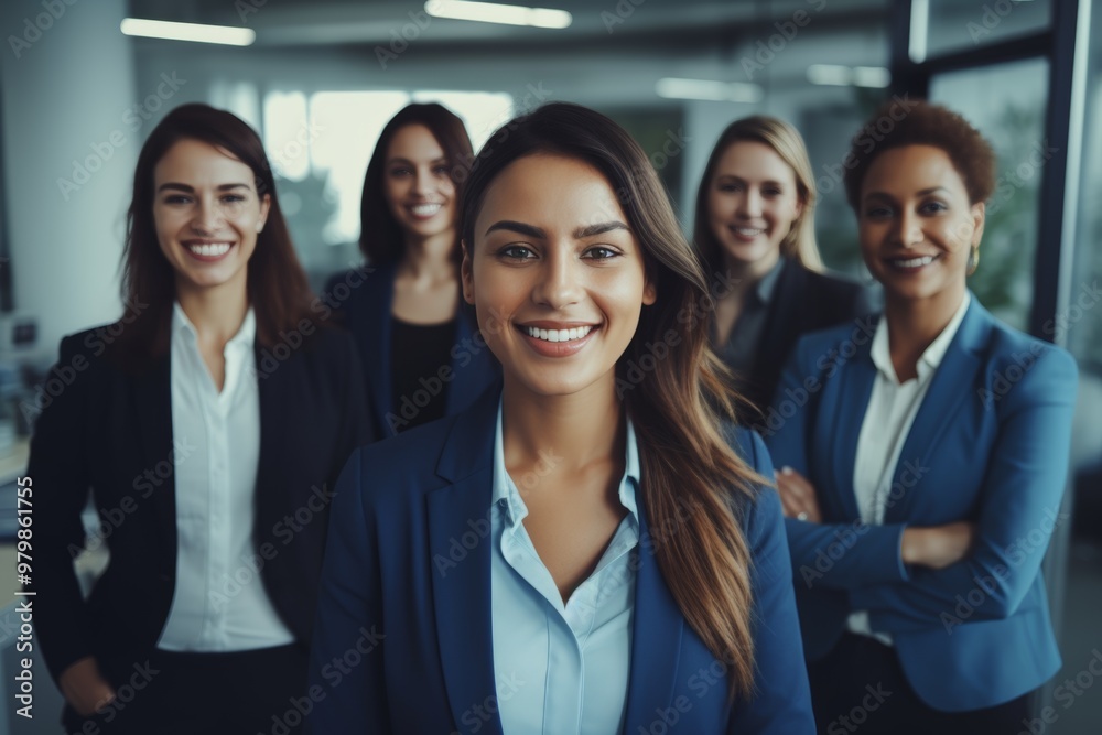 A group of five professional women stands together in a modern office environment, smiling warmly at the camera. The bright atmosphere showcases teamwork and positivity A group of five professional women stands together in a modern office environment, smiling warmly at the camera. The bright atmosphere showcases teamwork and positivity