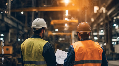 engineer and a factory worker standing in the middle of a large steel production facility. Both are wearing safety gear, such as helmets and vests, as they examine a detailed repor photo